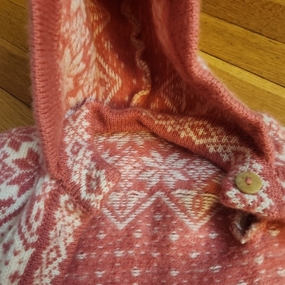 Norwegian 100% wool Pink Fair Isle Hooded Cardigan, Pink and White - Picture 3 of 4